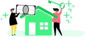 Drawing of a woman holding a giant bank note over house while a different woman holds a giant key over the house.